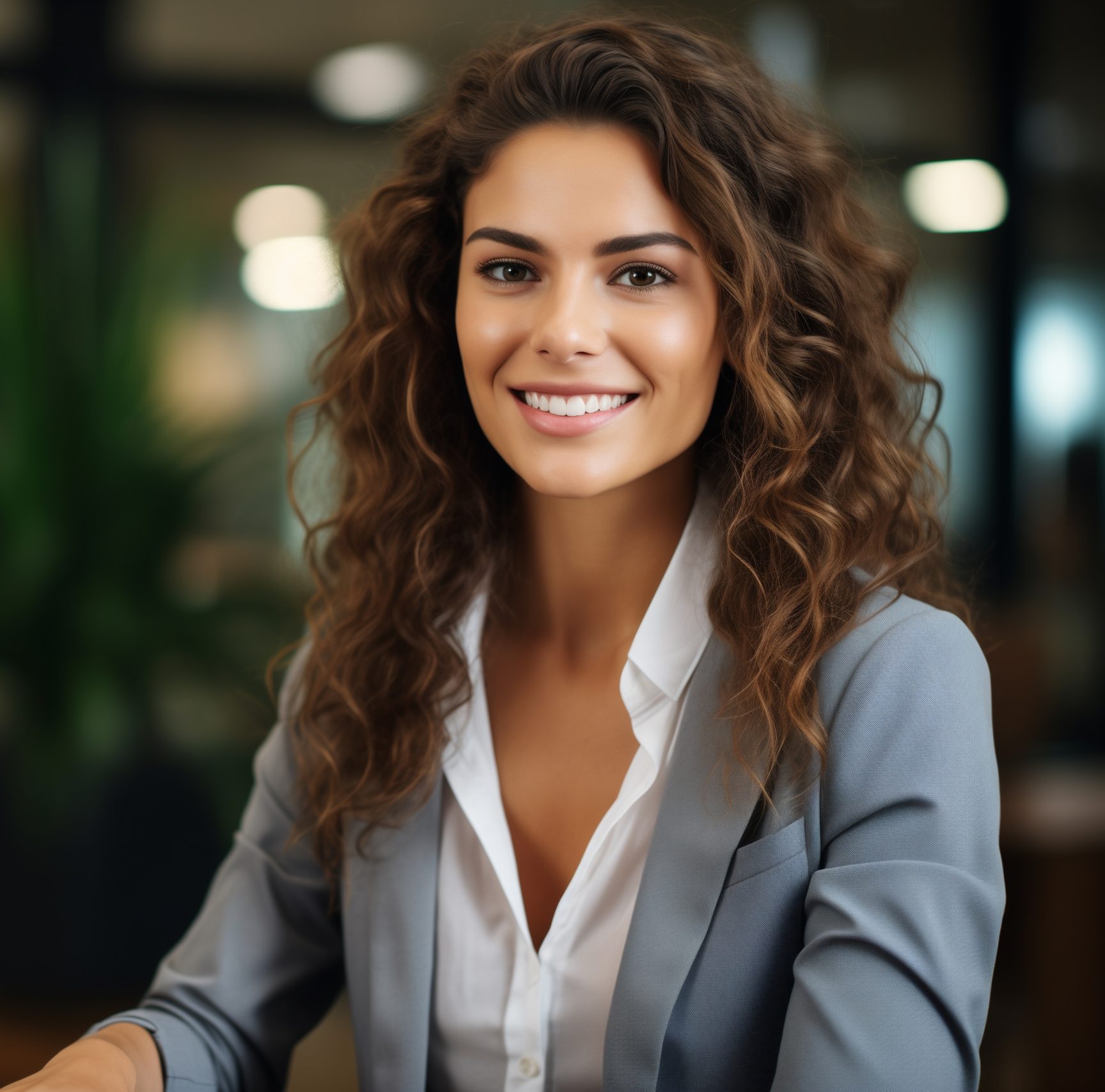 Bellissima donna manager sorridente con capelli lunghi in un moderno ufficio con abito elegante mentre stringe la mano ad un cliente